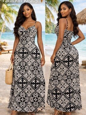 Allison Brittney Black White Geometric Maxi Dress XL Sleeveless Boho Stretch